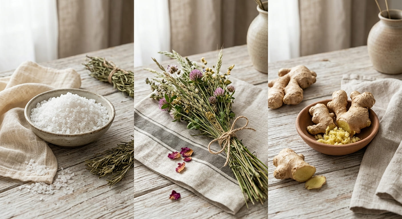 Ingredienti naturali per impacchi del benessere: sale grosso, fiori di fieno e zenzero fresco.
